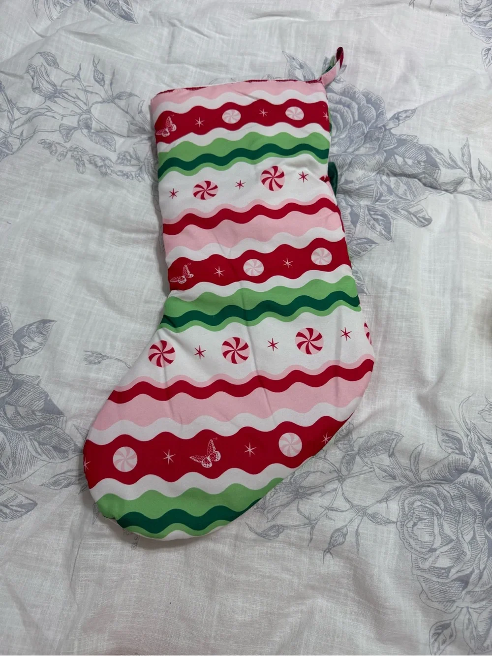 Dolly Parton Holiday Candy Stripe Stocking with Green Bow -